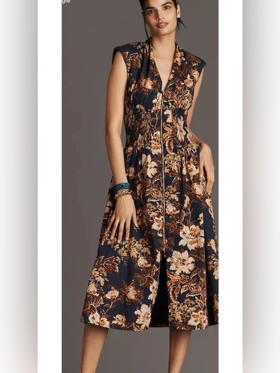 Anthropologie Dresses & Skirts - Anthropologie Maeve Tommie Cap-Sleeve Smocked Front-Zip Shirt Dress Size M NWT